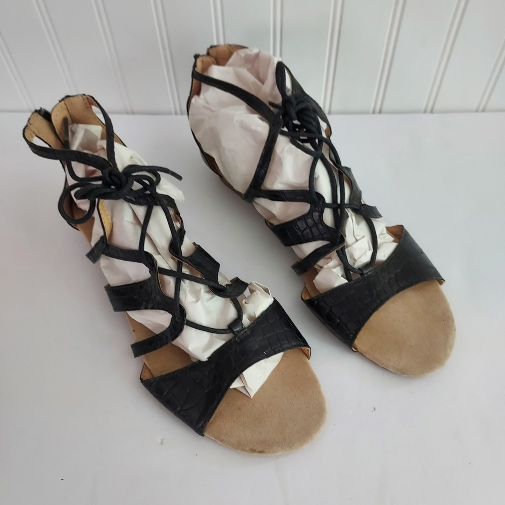 Black Crocodile Embossed Lace Up Gladiator Sandals Low Wedge Back Zip Womens‎ 10